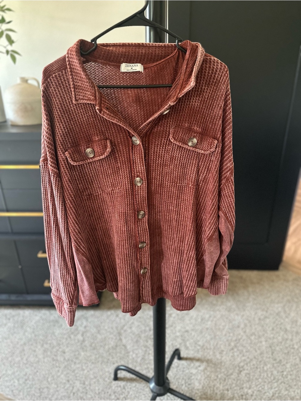 Zenana Outfitters Button-Front Ribbed Shirt Jacket in Dusty Rose